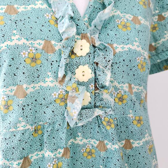 Ivy Jane Retro 60s Print Blouse Ruffle Blue Tree Hippie Whimsical Small - Picture 7 of 9